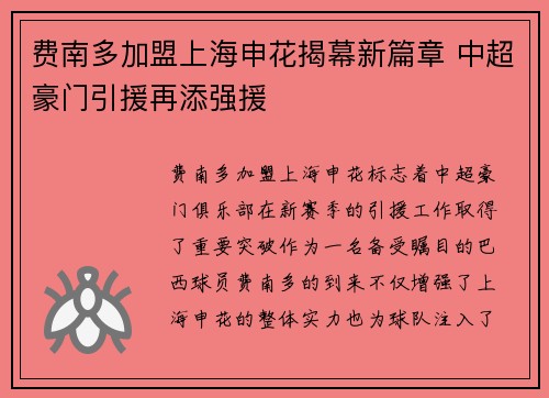 费南多加盟上海申花揭幕新篇章 中超豪门引援再添强援